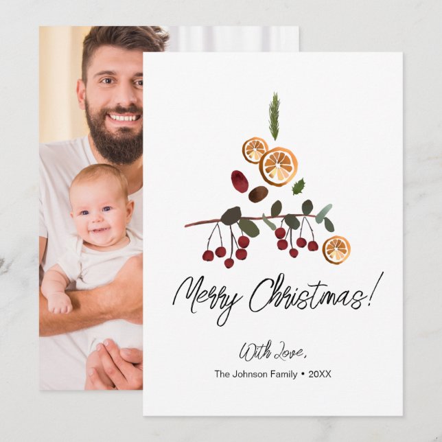 Cartes Pour Fêtes Annuelles Arbre rustique artistique feuillage Joyeux Noël Ph (Devant / Derrière)