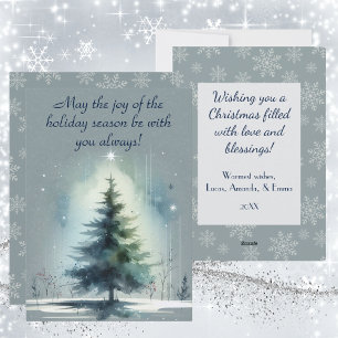 Cartes Pour Fêtes Annuelles Arbre Solitaire Illuminé, Sur Fond Bleu