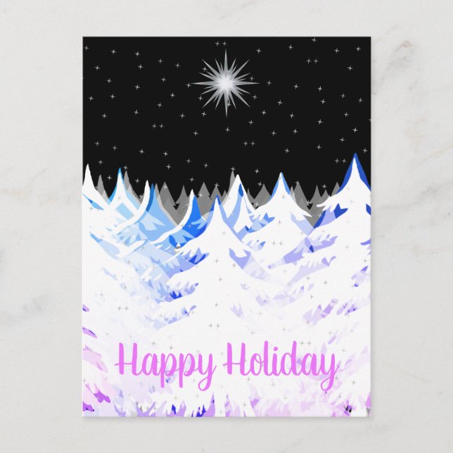 Cartes Pour Fêtes Annuelles Arbres à neige bleu violet étoiles Ciel nocturne (Devant)