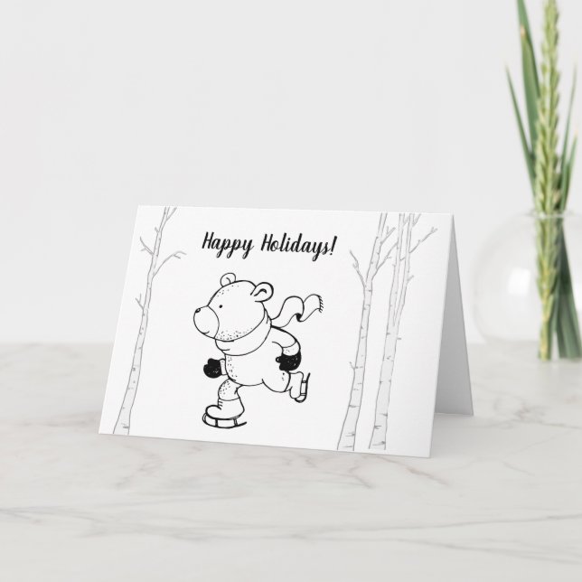 Cartes Pour Fêtes Annuelles Arbres de bouleau ours patinant encre noire rétro (Devant)