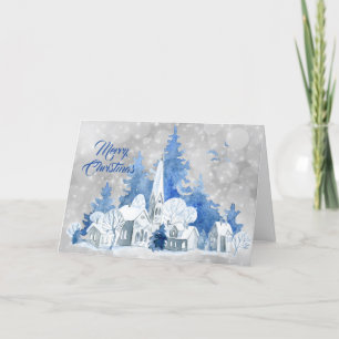 Cartes Pour Fêtes Annuelles Arbres de l'église bleue russe Aquarelle Noël
