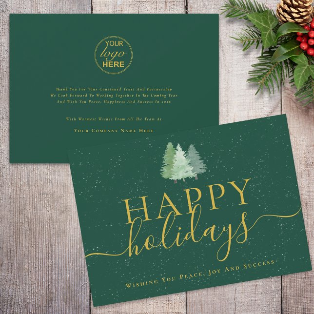 Cartes Pour Fêtes Annuelles Arbres de Noël modernes Logo Green Gold Business (Modern watercolor christmas trees company logo business green and gold holiday card)