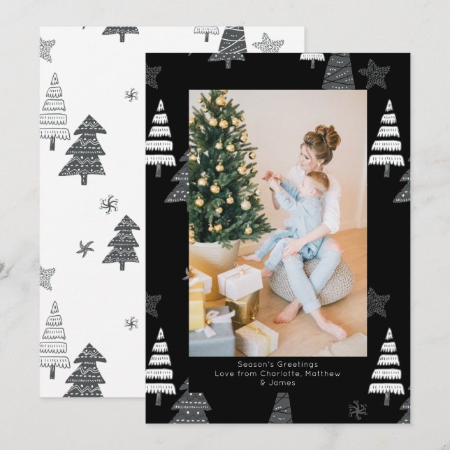 Cartes Pour Fêtes Annuelles Arbres de Noël Motif noir blanc personnalisé (Devant / Derrière)