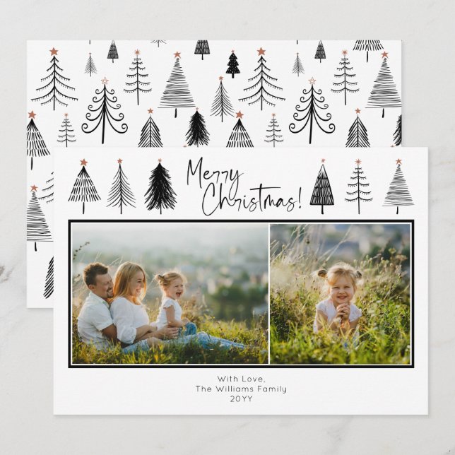 Cartes Pour Fêtes Annuelles Arbres de Noël noirs et blancs Deux photos (Devant / Derrière)
