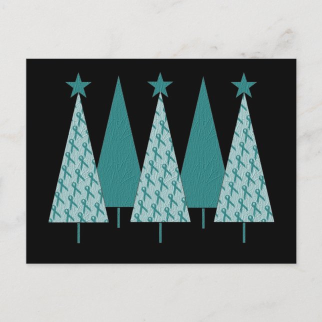 Cartes Pour Fêtes Annuelles Arbres de Noël Ruban Turquoise - Cancer de l'ovair (Devant)