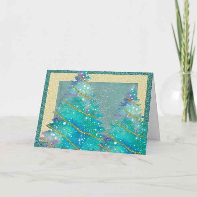 Cartes Pour Fêtes Annuelles Arbres de Noël Vertes et Or Uniques (Devant)