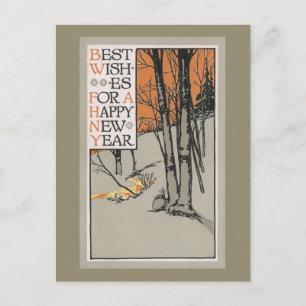 Cartes Pour Fêtes Annuelles Arbres d'hiver et ciel orange Nouvel An Vintage