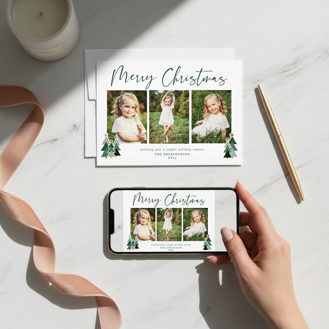 Cartes Pour Fêtes Annuelles Arbres rustiques Vacances de Noël modernes 3 Photo (Rustic Trees Modern Christmas Holiday 3 Photo Cards)