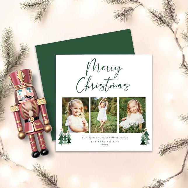 Cartes Pour Fêtes Annuelles Arbres rustiques Vacances de Noël modernes 3 Photo (Rustic Trees Modern Christmas Holiday 3 Photo Square Card)