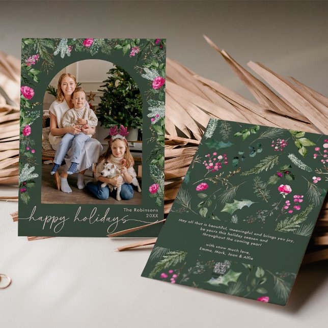 Cartes Pour Fêtes Annuelles Arc botanique de feuillage vert forêt rose (Créateur téléchargé)