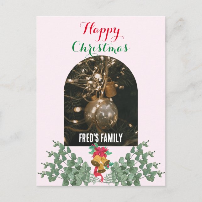 Cartes Pour Fêtes Annuelles Arc branché photo joyeux Noël feuillage rose (Devant)