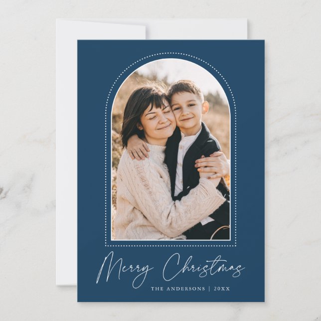 Cartes Pour Fêtes Annuelles Arc de neige bleu marine Joyeux Noël Photo (Devant)