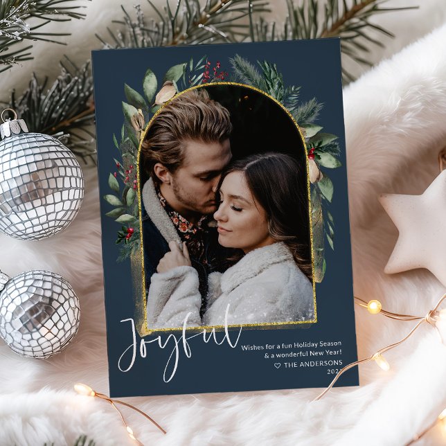 Cartes Pour Fêtes Annuelles Arc de verdure élégant en or et bleu marine Photo (Créateur téléchargé)