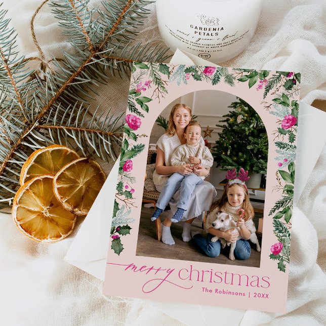Cartes Pour Fêtes Annuelles Arc de verdure rose vif Noel 1 Photo (Créateur téléchargé)