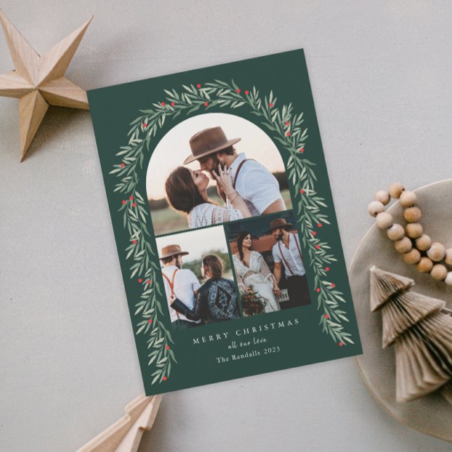 Cartes Pour Fêtes Annuelles Arc de verdure Script moderne 3 Photo Noël (Créateur téléchargé)