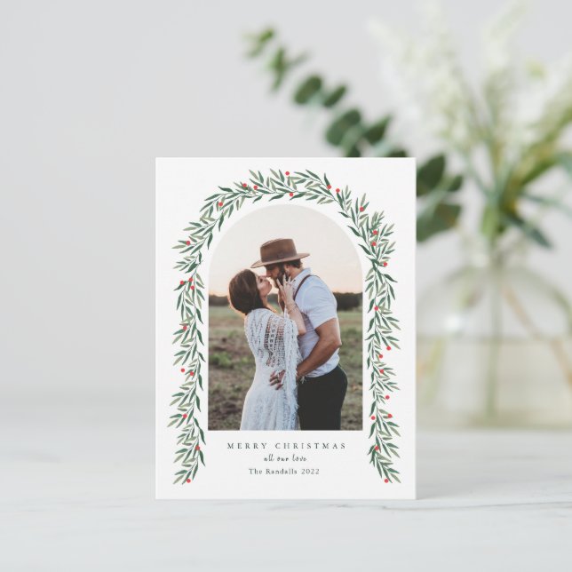Cartes Pour Fêtes Annuelles Arc de verdure Script moderne Photo Noël (Debout devant)