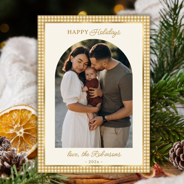 Cartes Pour Fêtes Annuelles Arc Plaid Retro or photo Noël Joyeux (Créateur téléchargé)