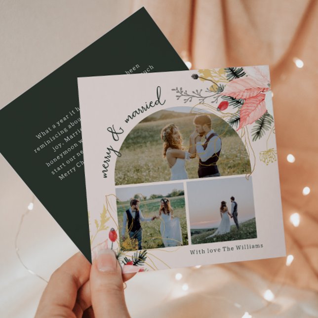 Cartes Pour Fêtes Annuelles Arc rose Floral Joyeux & Marié Trois Photo (Créateur téléchargé)