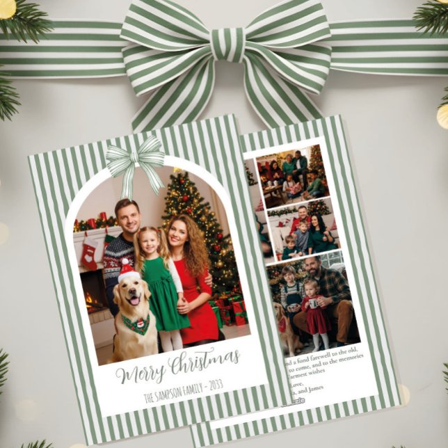 Cartes Pour Fêtes Annuelles Arch Photo Christmas Card with Green Stripes & Bow (Créateur téléchargé)