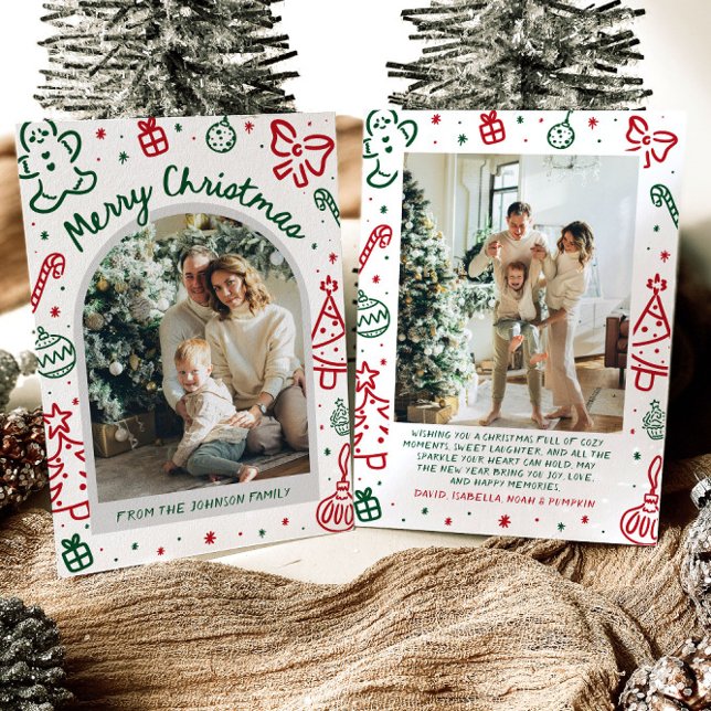 Cartes Pour Fêtes Annuelles Arche à main fantaisie photo Joyeux Noël (Whimsical Hand Drawn Arch Photo Merry Christmas Holiday Card)