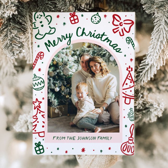 Cartes Pour Fêtes Annuelles Arche à main fantaisie photo Joyeux Noël (Whimsical Hand Drawn Arch Photo Merry Christmas Holiday Card)