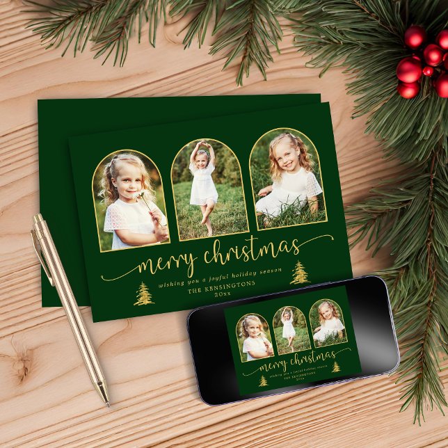 Cartes Pour Fêtes Annuelles Arche d'or moderne 3 Photo Noël (Modern Gold Tree Arch 3 Photo Christmas Holiday Card)