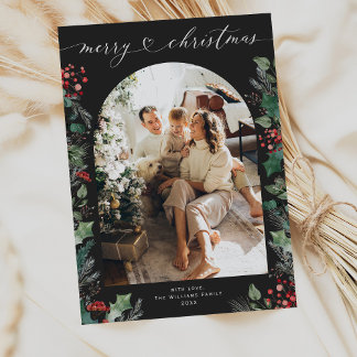 Cartes Pour Fêtes Annuelles Arche en feuillage foncé chic 1 Photo Famille Noël