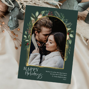 Cartes Pour Fêtes Annuelles Arche en or vert de la forêt avec photo de script 