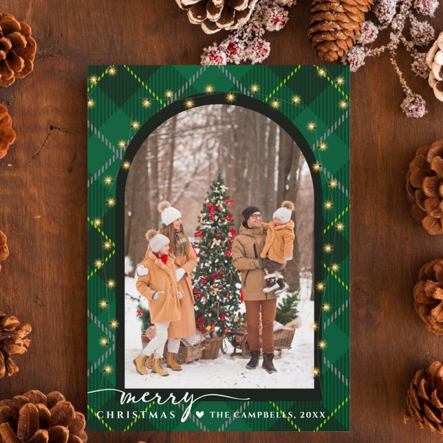 Cartes Pour Fêtes Annuelles Arche moderne & Script Green Plaid Photo de Noël (Créateur téléchargé)