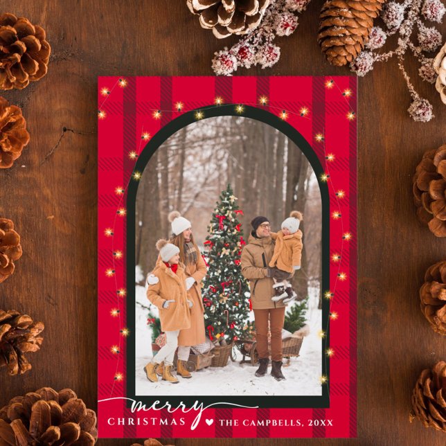 Cartes Pour Fêtes Annuelles Arche moderne & Script Red Plaid Photo de Noël (Créateur téléchargé)