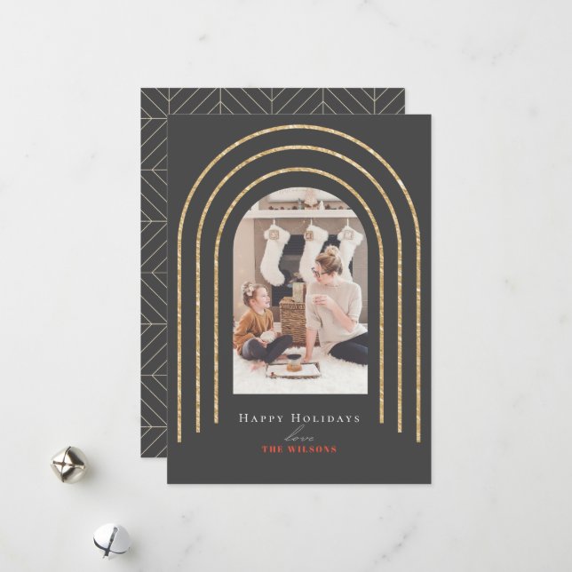Cartes Pour Fêtes Annuelles Arches d'or moderne Photo Noël gris foncé (Devant/Arrière en situation)