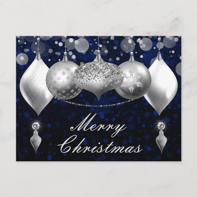 Cartes Pour Fêtes Annuelles Argent et Baubles de Noël Bleus Ornements (Devant)
