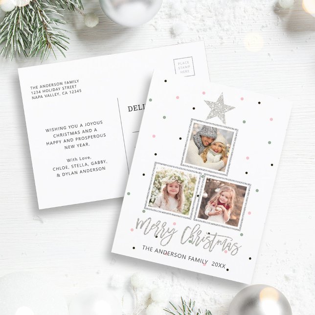 Cartes Pour Fêtes Annuelles Argentée | Joyeux Noël moderne 3 photo (Front & Back)