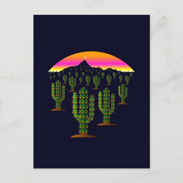 Cartes Pour Fêtes Annuelles Arizona Saguaro Cactus lumières de Noël au coucher (Devant)