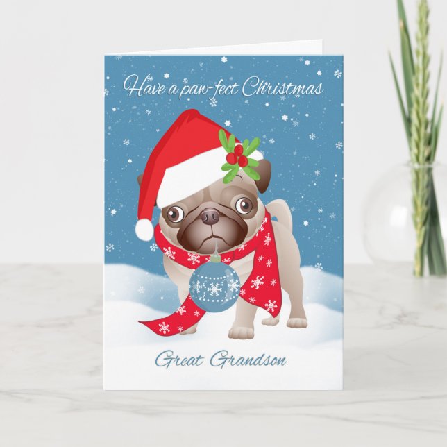 Cartes Pour Fêtes Annuelles Arrière-petit-fils, chien de carlin avec le (Devant)