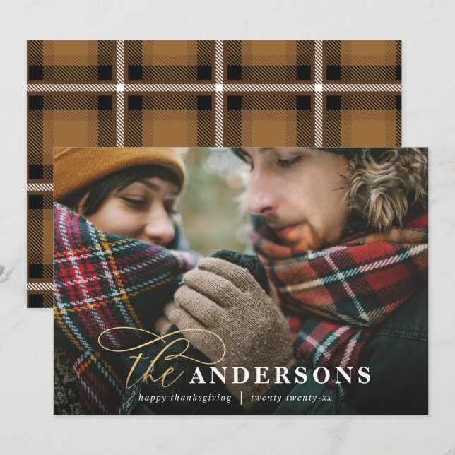 Cartes Pour Fêtes Annuelles Arrière-plan or plaid backer 1 photo thanksgiving (Devant / Derrière)
