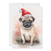 Art aquarelle de pug de Noël avec poinsettia