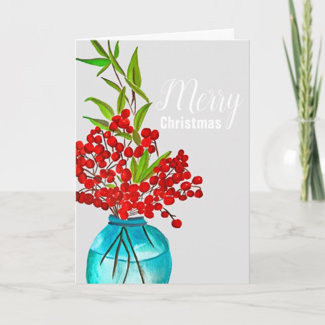 Cartes Pour Fêtes Annuelles Art de l'aquarelle des baies rouges de Noël (Devant)