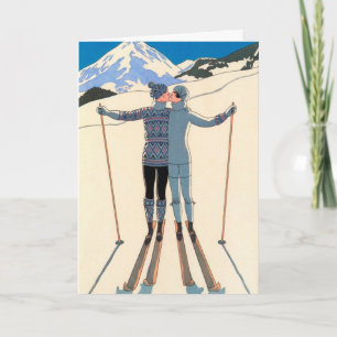 Cartes Pour Fêtes Annuelles Art Déco de Noël Vintage, Love Romance Kiss Skis