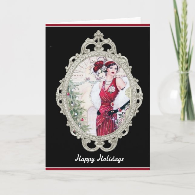 Cartes Pour Fêtes Annuelles Art Déco Flamme de Noël Femme en rouge (Devant)