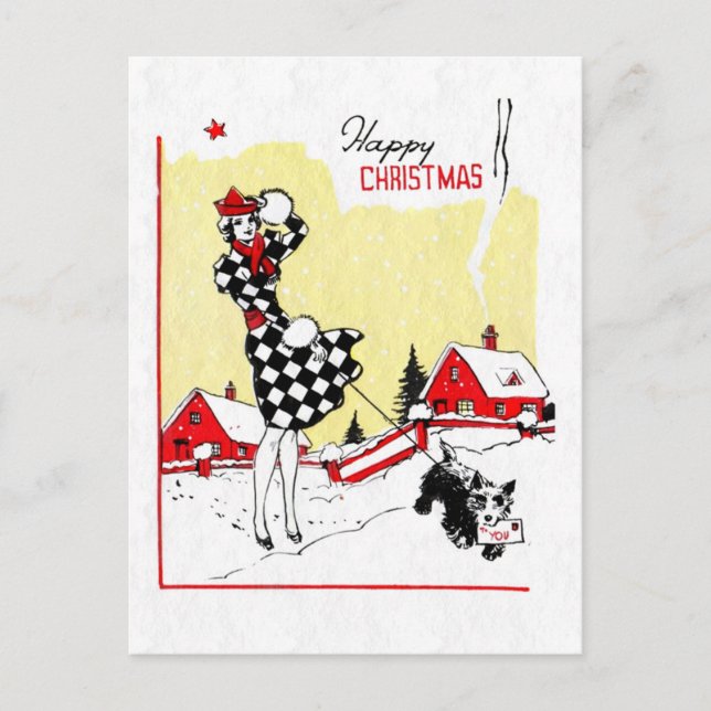 Cartes Pour Fêtes Annuelles Art Déco Girl et Scotty Dog (Devant)