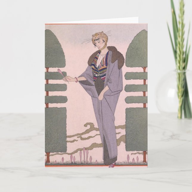 Cartes Pour Fêtes Annuelles Art Deco Lady - Standing besing the trimmed plant. (Devant)