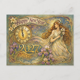 Cartes Pour Fêtes Annuelles Art Nouveau floral vintage Bonne Année 2027