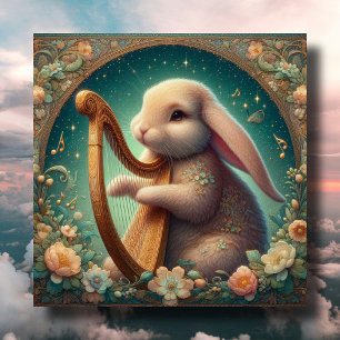 Cartes Pour Fêtes Annuelles Art Nouveau Musicien Bunny Harp Pâques