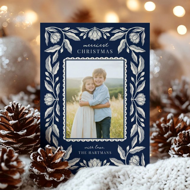 Cartes Pour Fêtes Annuelles Art populaire Cadre Floral Photo de Noël (Créateur téléchargé)