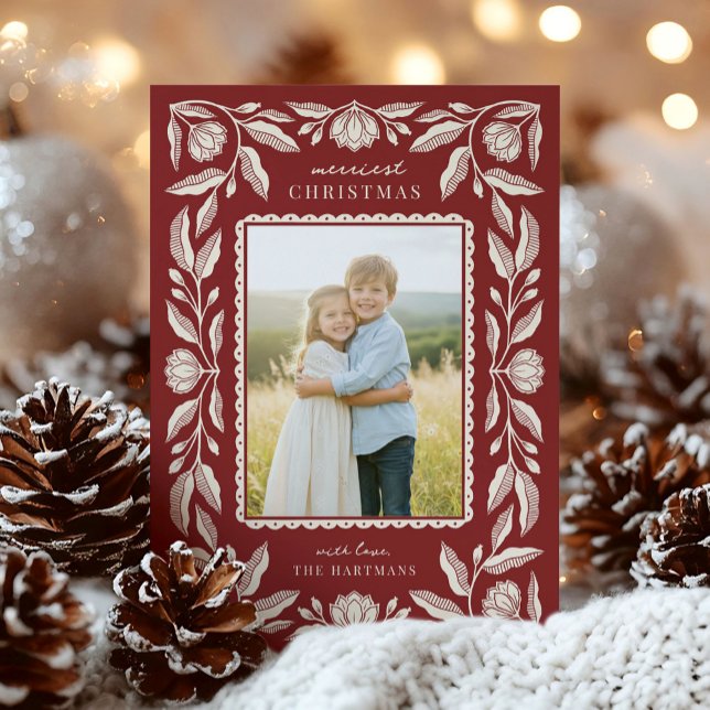 Cartes Pour Fêtes Annuelles Art populaire Cadre Floral Photo de Noël (Créateur téléchargé)