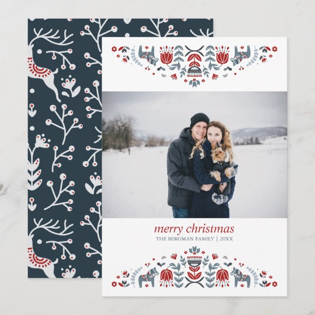Cartes Pour Fêtes Annuelles Art populaire nordique | Photo de vacances de Noël (Devant / Derrière)