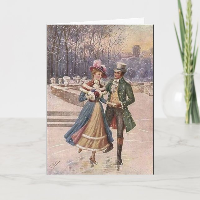Cartes Pour Fêtes Annuelles Art vintage Patinage sur glace de Noël (Devant)