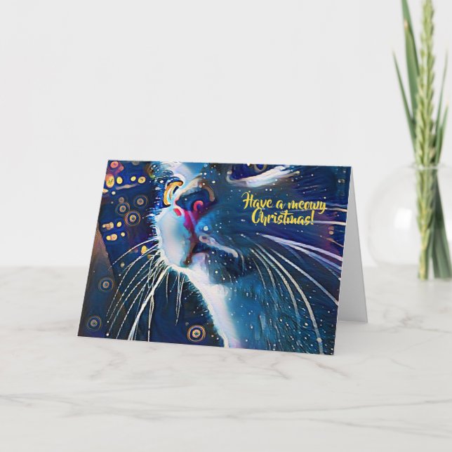 Cartes Pour Fêtes Annuelles Artsy Veillée Étoilée Style Chat Art Noël Miaou (Devant)
