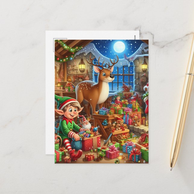 Cartes Pour Fêtes Annuelles Atelier de Père Noël de Noël festif (Devant/Arrière en situation)
